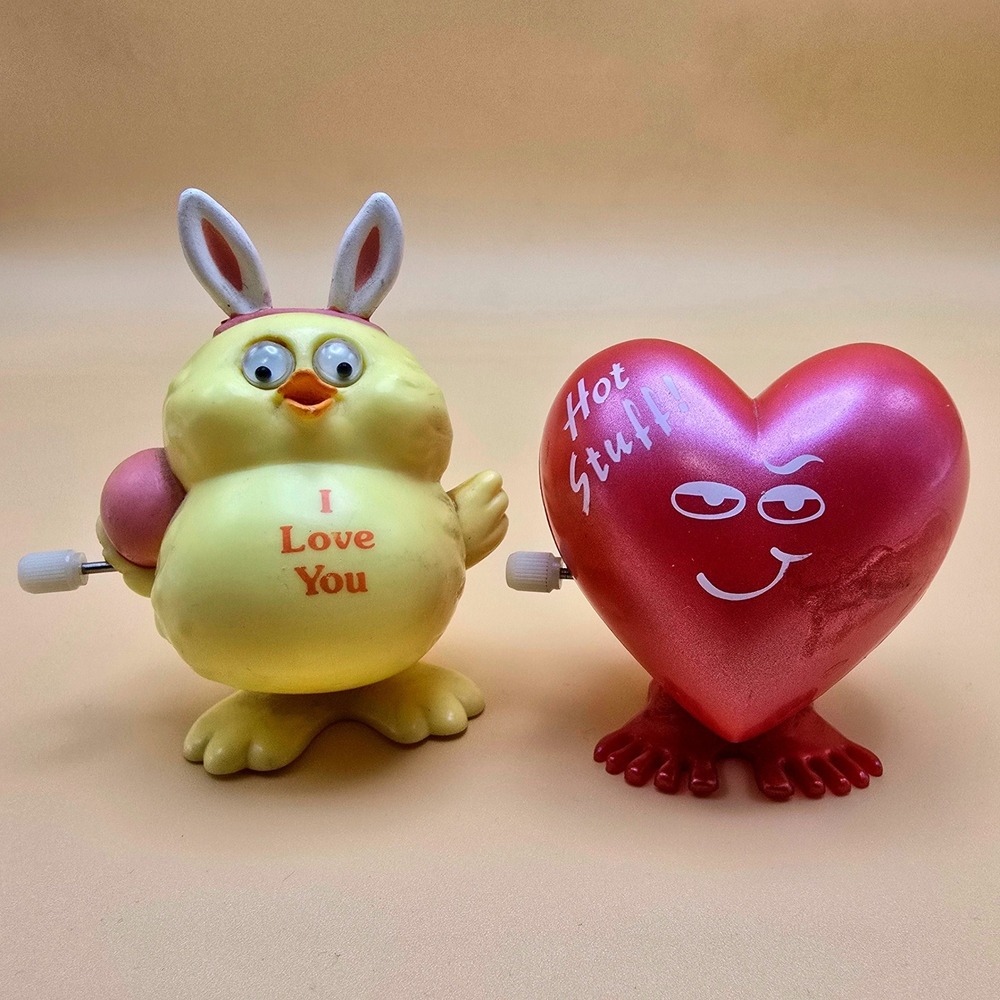 Vintage Russ China Wind Up Chick‎ I Love You & Hallmark Heart Hot Stuff Toys